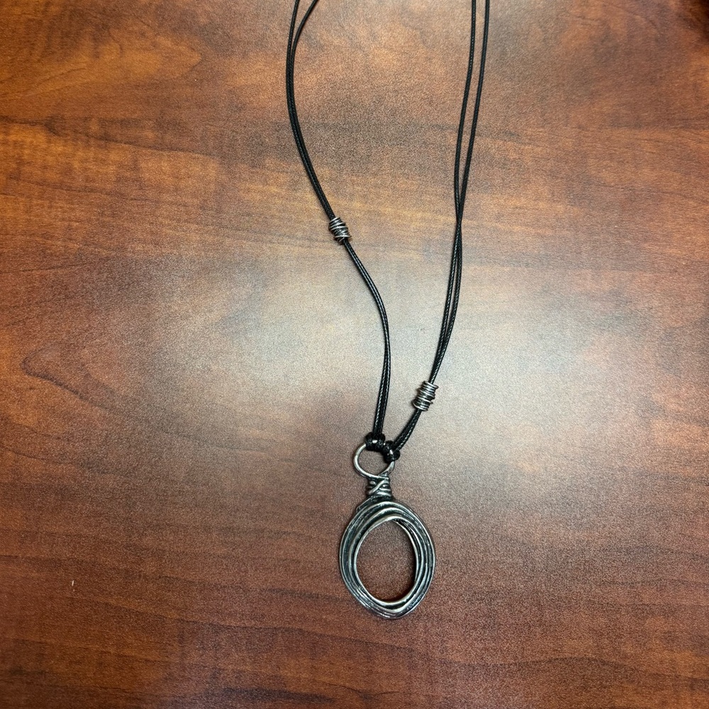 Black Leather Necklace with Silver Pendant